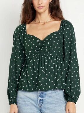 Old Navy Shirred Crepe Top - Dark Green Floral Peplum Long-Sleeve Top